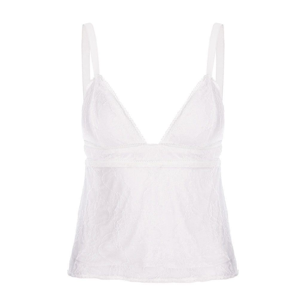 White lace camisole top with thin shoulder straps and a V-neckline, shown against a plain white background.