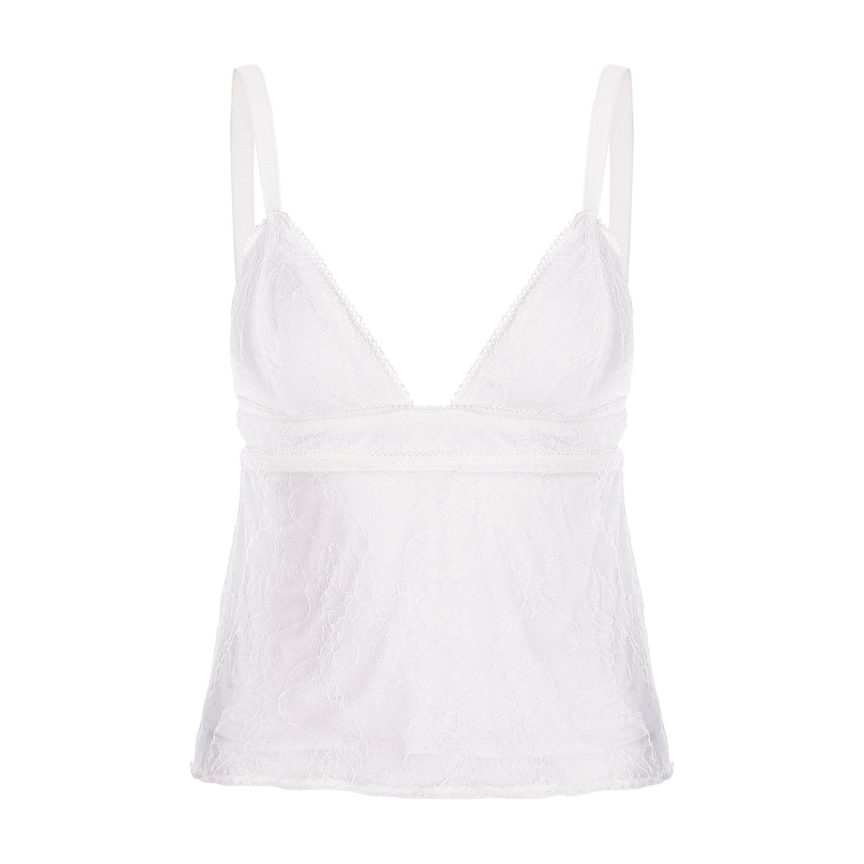 White lace camisole top with thin shoulder straps and a V-neckline, shown against a plain white background.