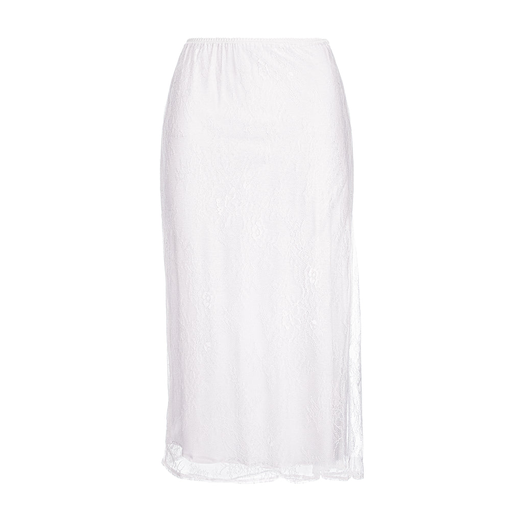 A white midi skirt with a subtle floral lace pattern and a side slit, shown against a plain white background.