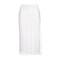 A white midi skirt with a subtle floral lace pattern and a side slit, shown against a plain white background.