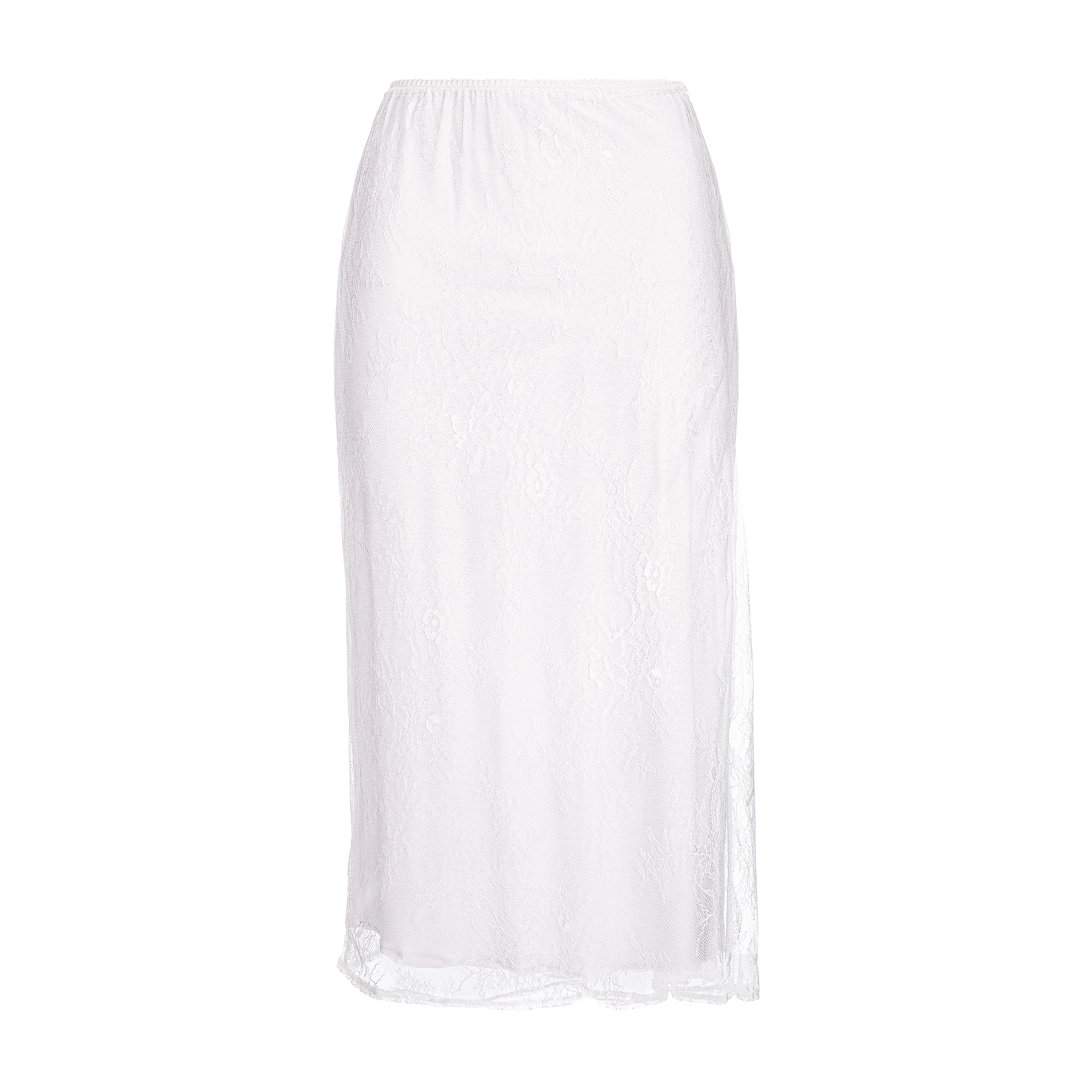 A white midi skirt with a subtle floral lace pattern and a side slit, shown against a plain white background.