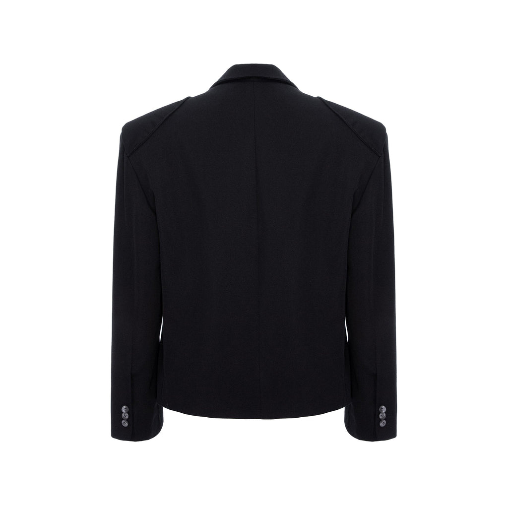 A black long-sleeve blazer shown from the back, featuring a structured collar and shoulder design, photographed against a solid white background.