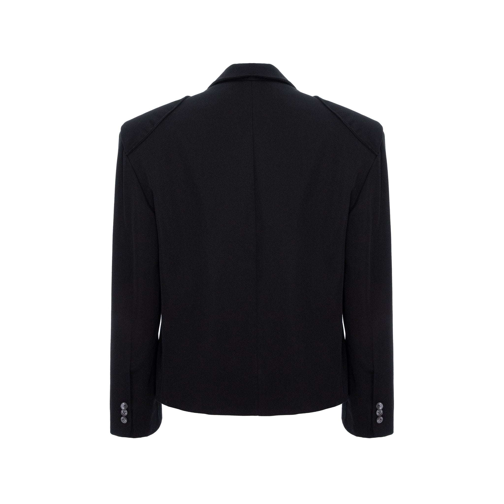 A black long-sleeve blazer shown from the back, featuring a structured collar and shoulder design, photographed against a solid white background.