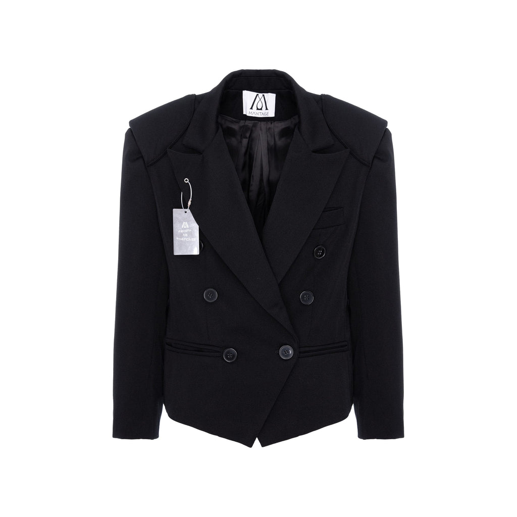 A black double-breasted blazer with wide lapels and dark buttons, shown flat against a plain white background with a hangtag attached.