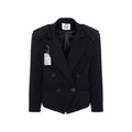 A black double-breasted blazer with wide lapels and dark buttons, shown flat against a plain white background with a hangtag attached.
