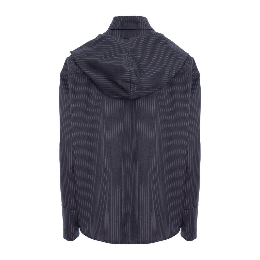 A dark navy blue hooded shirt with fine vertical pinstripes, shown from the back against a plain white background.