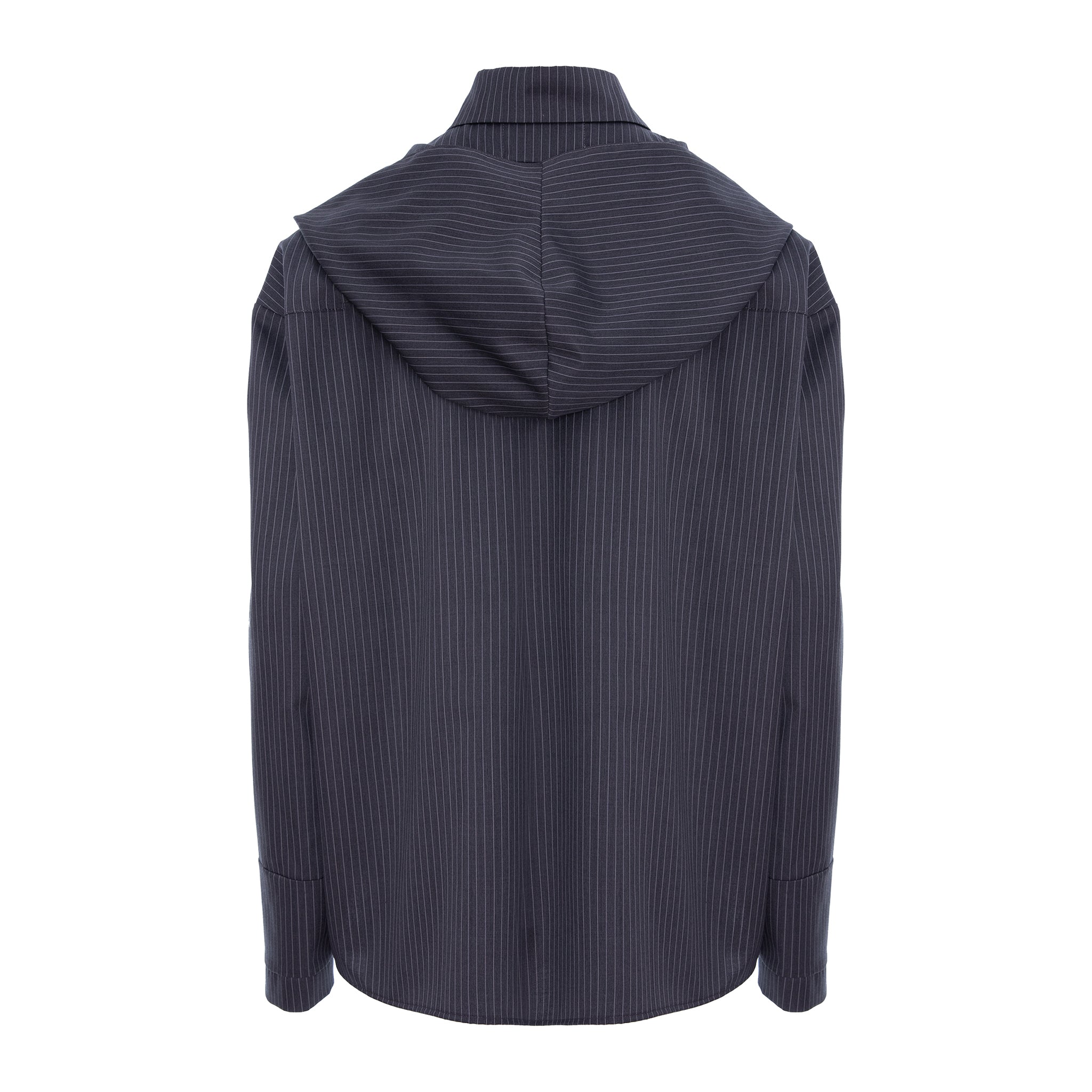 A dark navy blue hooded shirt with fine vertical pinstripes, shown from the back against a plain white background.