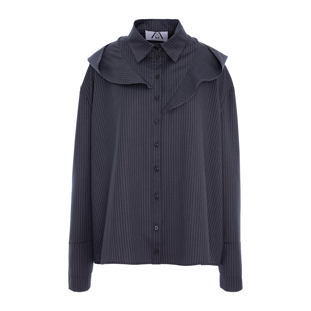 A dark gray pinstriped button-up shirt with a wide collar and dramatic shoulder ruffles, shown on a plain white background.