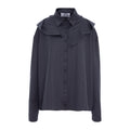 A dark gray pinstriped button-up shirt with a wide collar and dramatic shoulder ruffles, shown on a plain white background.