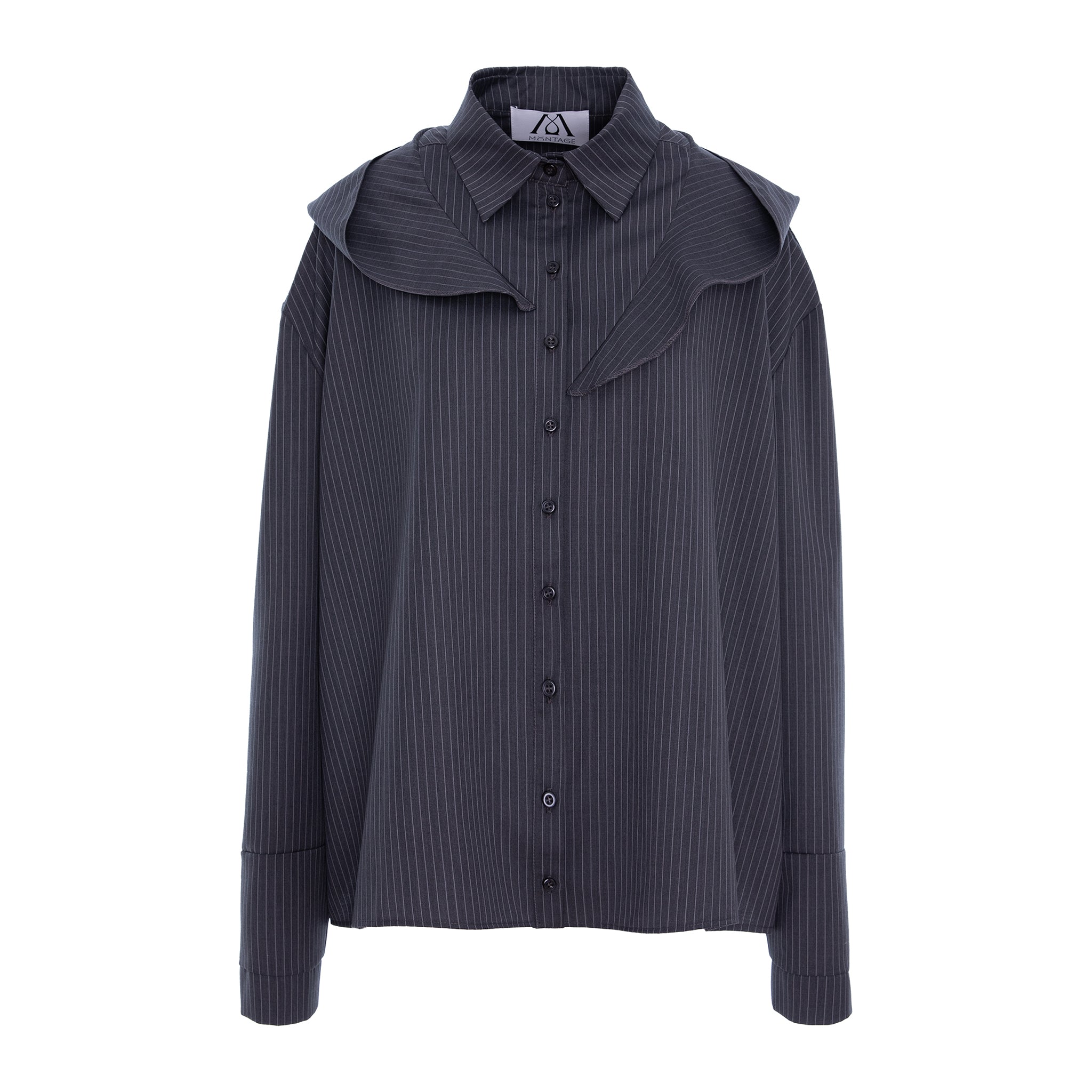 A dark gray pinstriped button-up shirt with a wide collar and dramatic shoulder ruffles, shown on a plain white background.