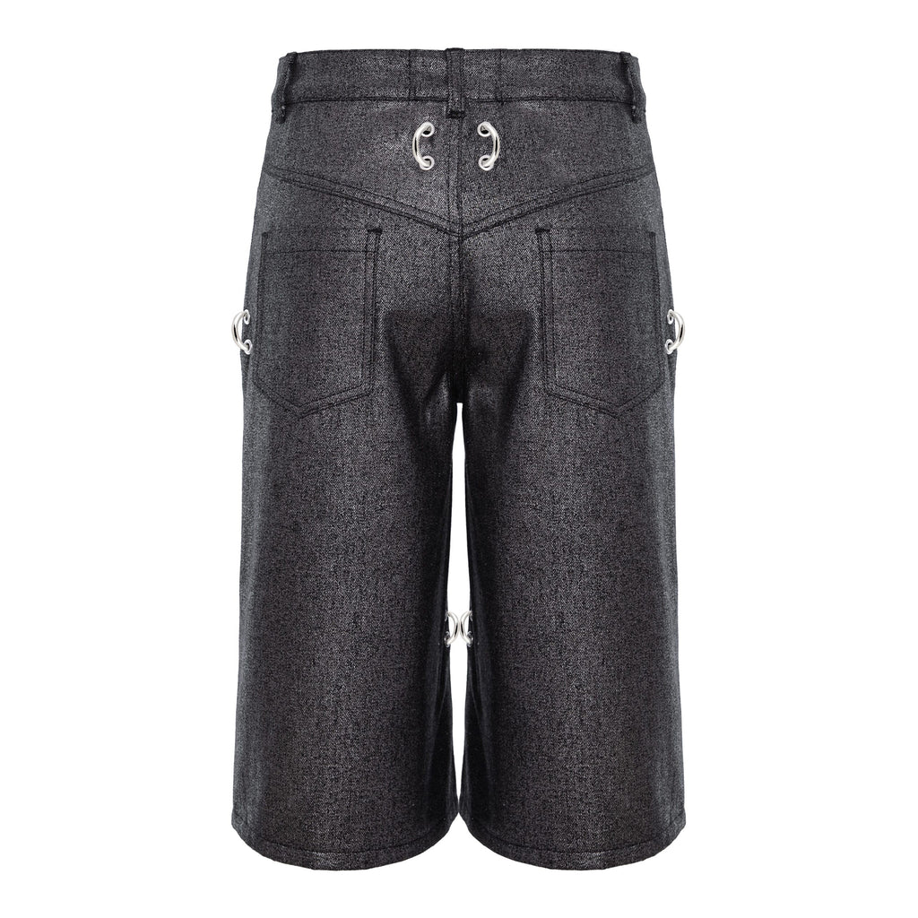 Dark gray textured denim shorts with silver metal hardware details, shown from the back on a white background.