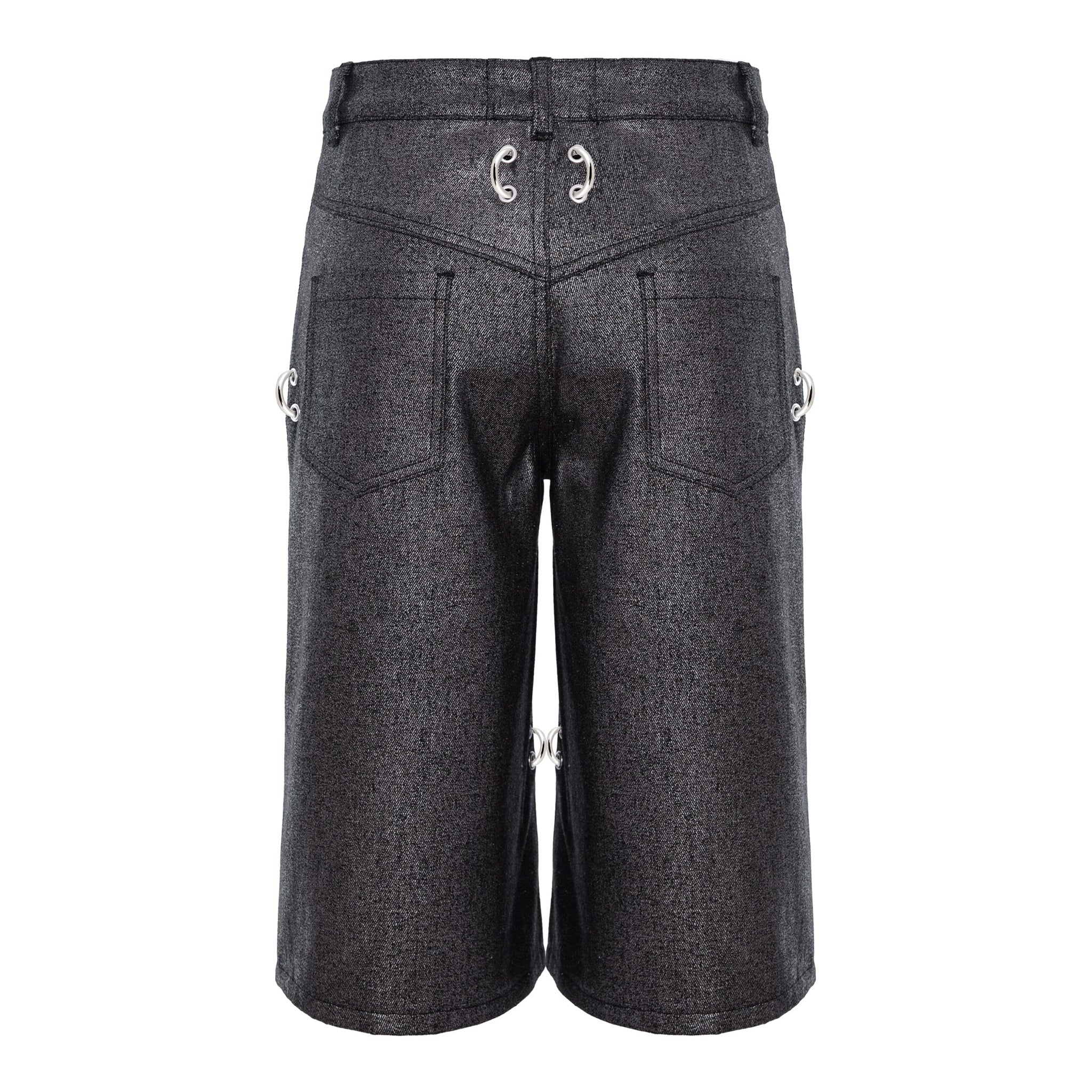 Dark gray textured denim shorts with silver metal hardware details, shown from the back on a white background.