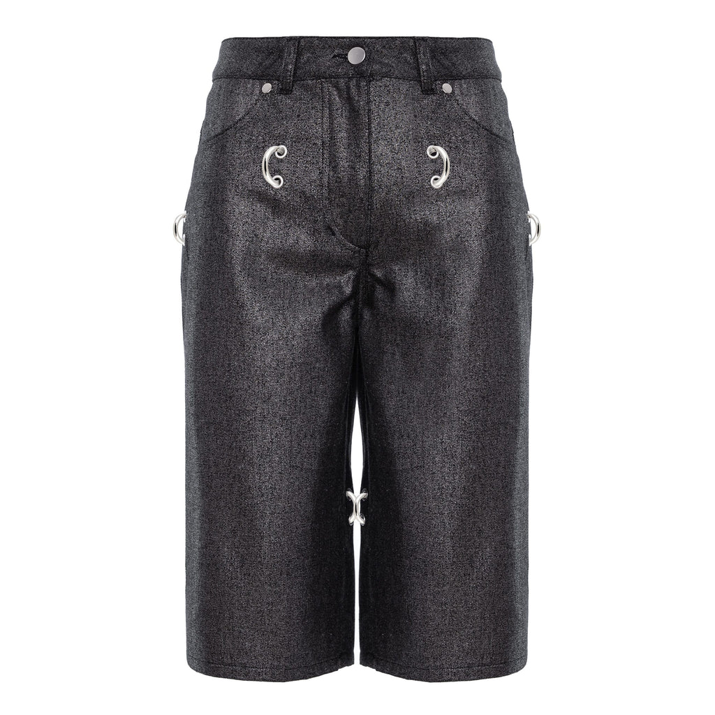 Dark gray textured denim shorts with silver-tone decorative hardware details on the front pockets and sides, shown against a plain white background.