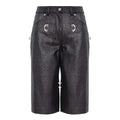 Dark gray textured denim shorts with silver-tone decorative hardware details on the front pockets and sides, shown against a plain white background.