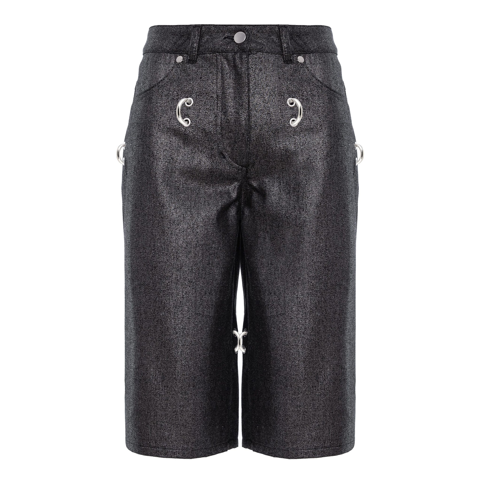 Dark gray textured denim shorts with silver-tone decorative hardware details on the front pockets and sides, shown against a plain white background.