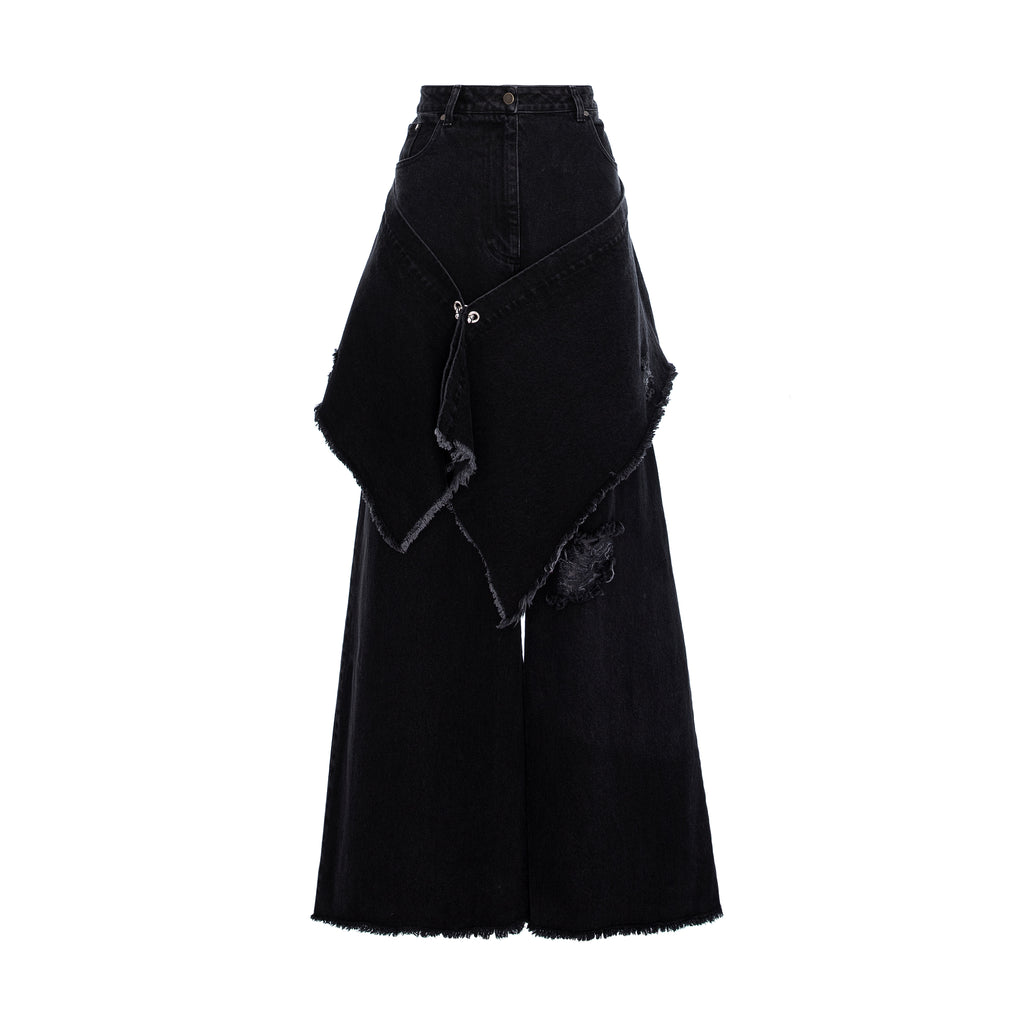 Black wide-leg denim pants featuring an asymmetrical draped wrap design with raw, frayed edges and distressed details, shown against a plain white background.