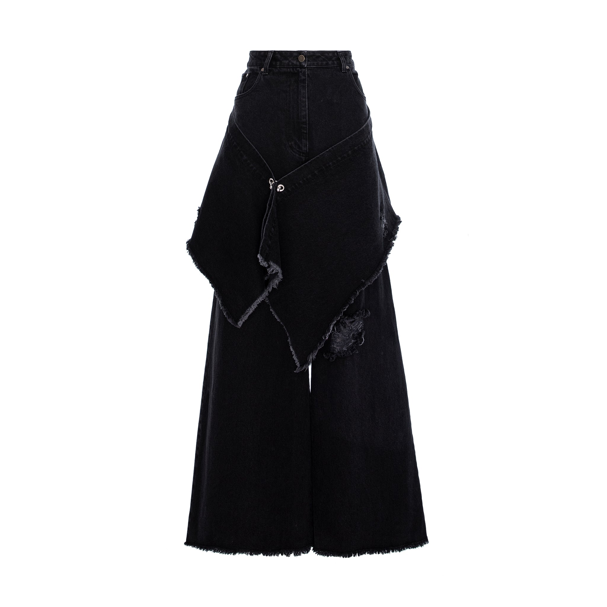 Black wide-leg denim pants featuring an asymmetrical draped wrap design with raw, frayed edges and distressed details, shown against a plain white background.