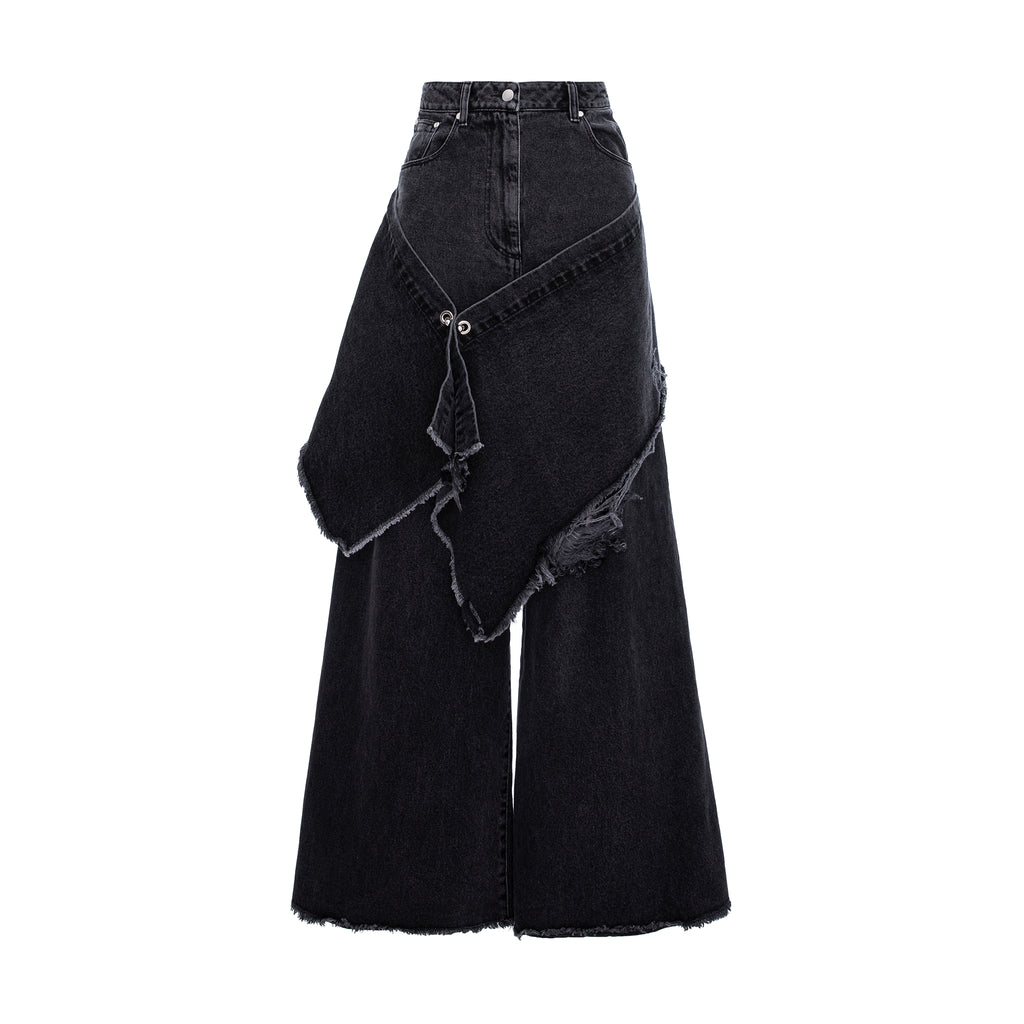 A black denim wide-leg skirt with an asymmetrical wrap design, raw frayed edges, and button details on the waistband, shown against a plain white background.
