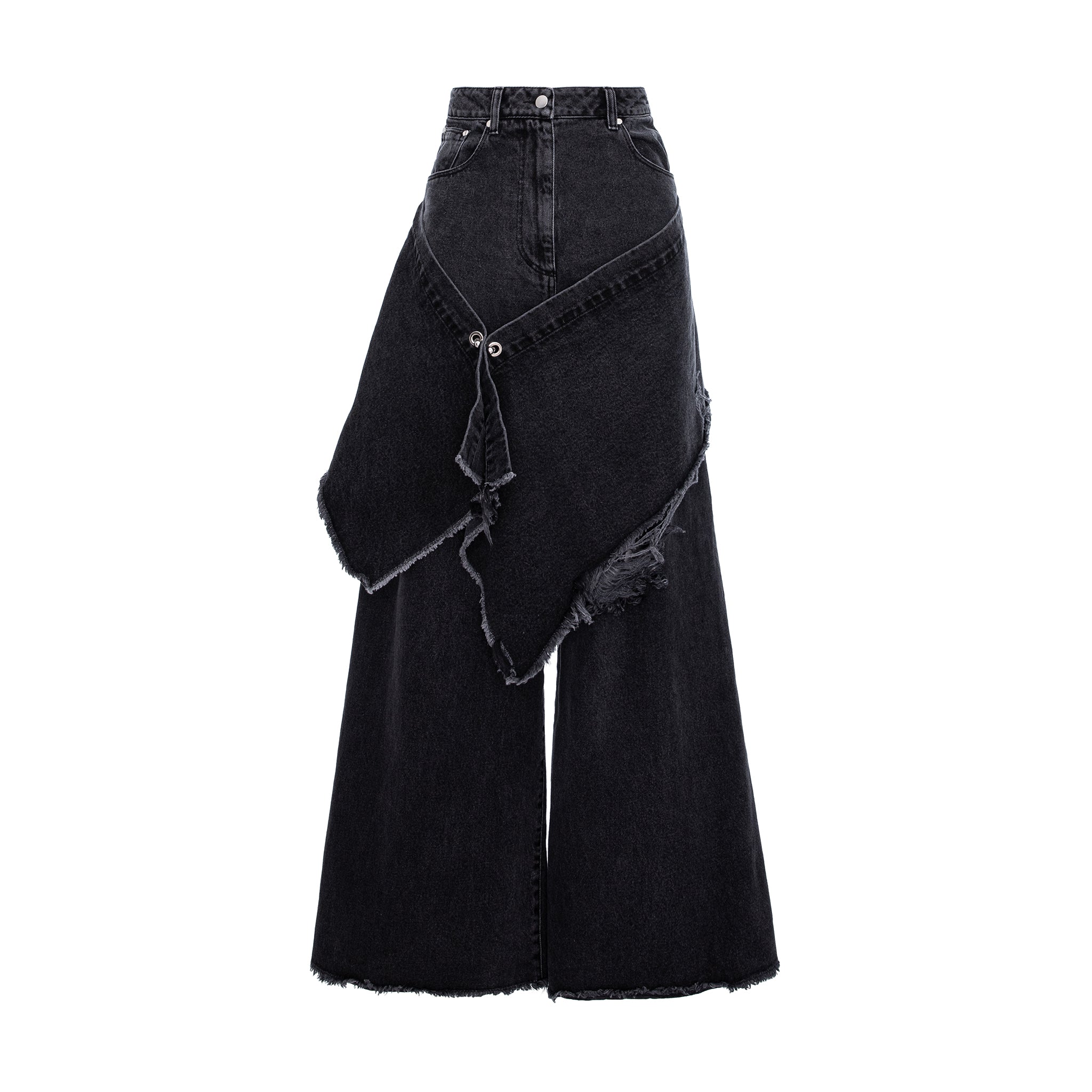 A black denim wide-leg skirt with an asymmetrical wrap design, raw frayed edges, and button details on the waistband, shown against a plain white background.
