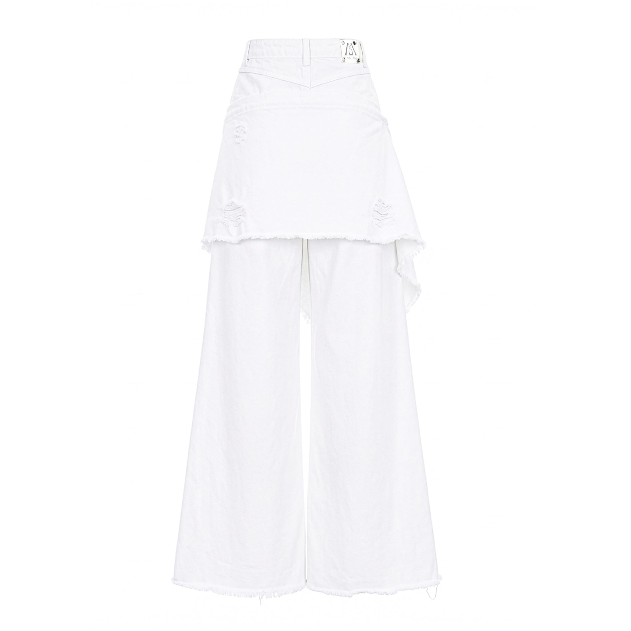 White high-waisted wide-leg pants featuring a layered asymmetrical ruffle overlay, distressed details, and raw frayed hems.
