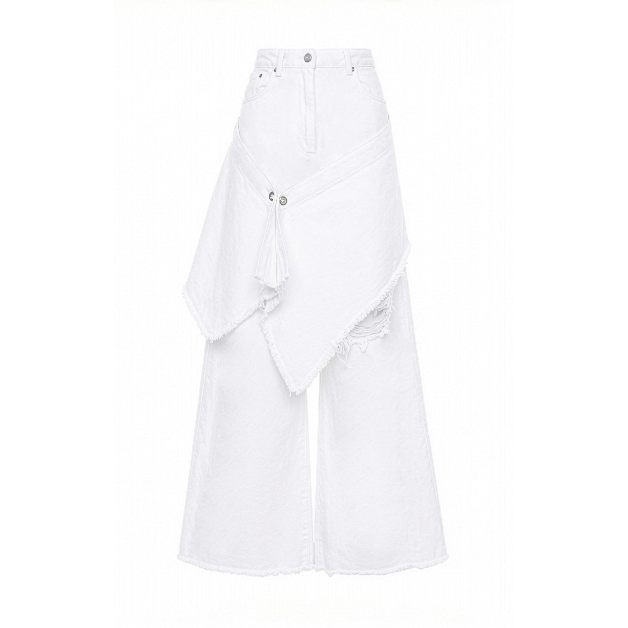 White wide-leg denim pants with an asymmetrical draped overlay and distressed details, shown against a plain white background.