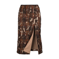 A brown and beige lace plaid skirt with a front slit showing a beige lining, displayed on a white background.