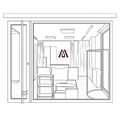 A black and white line drawing schematic of a modern Montage The Label Showroom interior with a large central opening, side door, curtains, shelving, and furniture outlines on a plain white background.