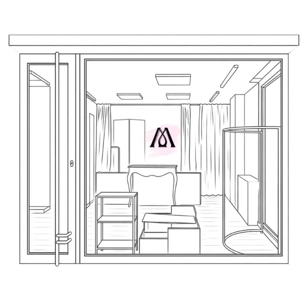 A black and white line drawing schematic of a modern Montage The Label Showroom interior with a large central opening, side door, curtains, shelving, and furniture outlines on a plain white background.