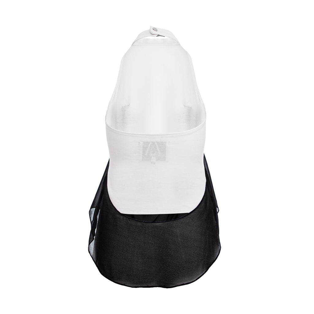 A white halter top with a black fabric drape, shown from the back against a plain white background.