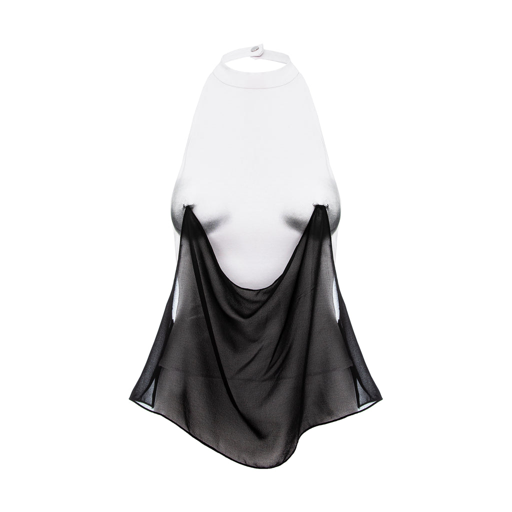 A sheer black mesh halter-style drape top displayed on a white torso form against a plain white background.