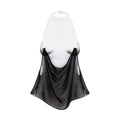 A sheer black mesh halter-style drape top displayed on a white torso form against a plain white background.